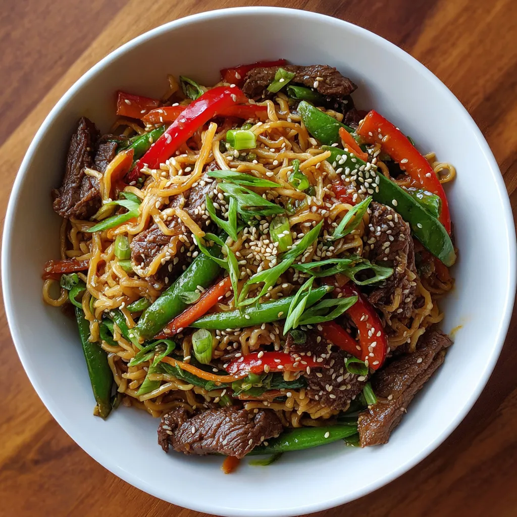 Ein weißer Teller mit Sesame Beef Stir-Fry Noodles.