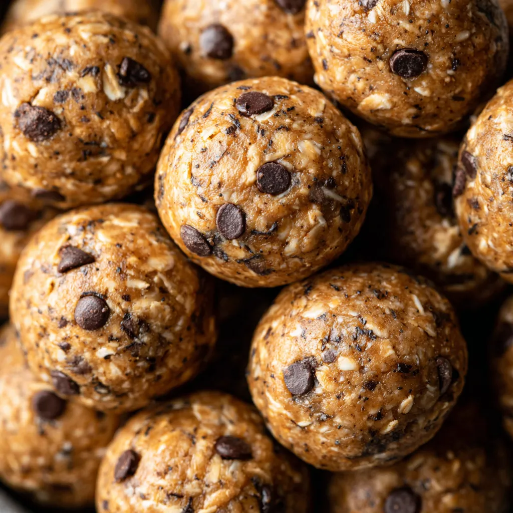 Eine Gruppe von Peanut Butter Oat Energy Bites, die in einer Schüssel auf einem Tisch liegen.