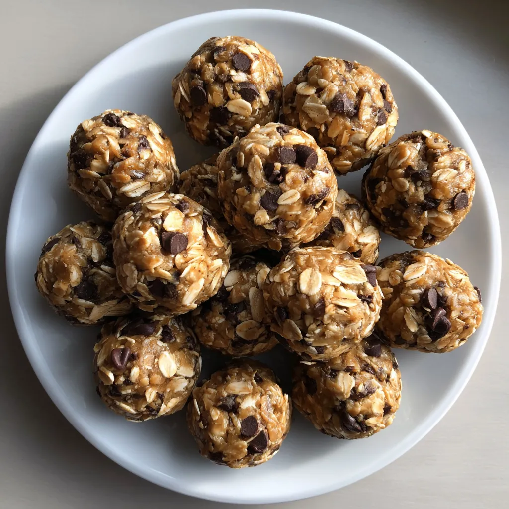 Ein weißer Teller mit 12 Oat Energy Bites, die aus Nüssen, Oatmeal und Peanut Butter bestehen.