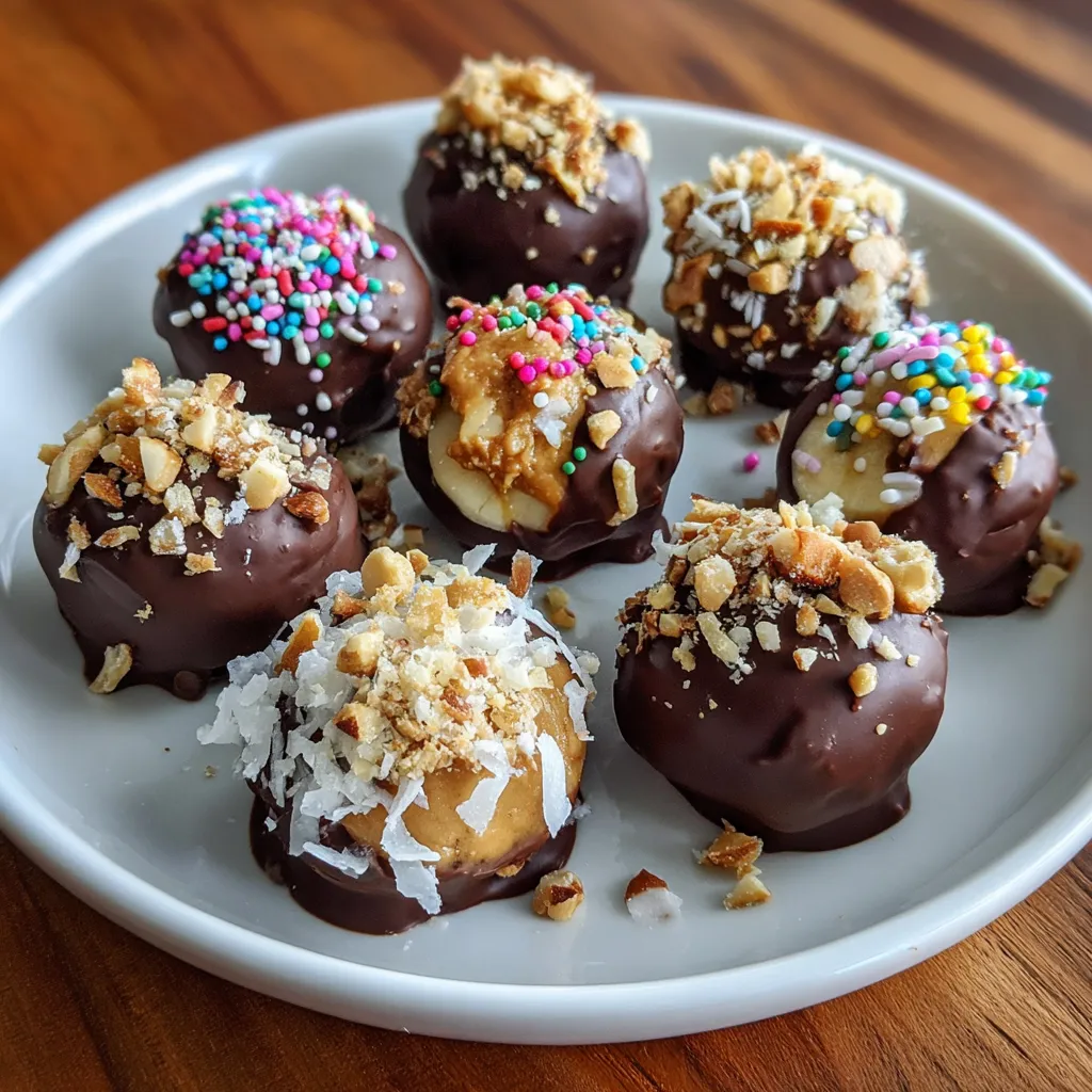 Ein weißer Teller mit sechs Chocolate-Covered Frozen Banana Bites darauf.