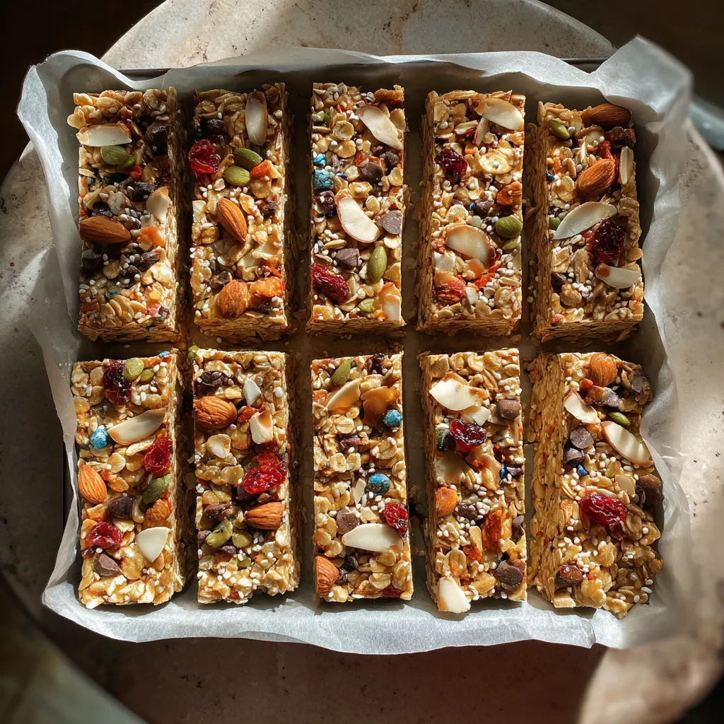 Eine Schüssel mit sechs verschiedenen Granola-Bars, die alle mit Nüssen und Früchten zubereitet sind.