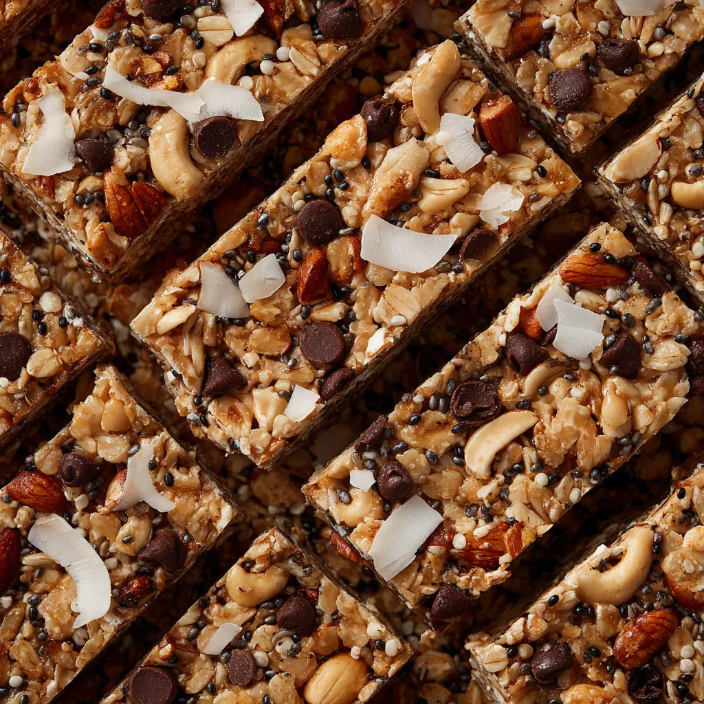 Eine Schicht aus Nüssen, Schokolade, Mandeln und Granola.