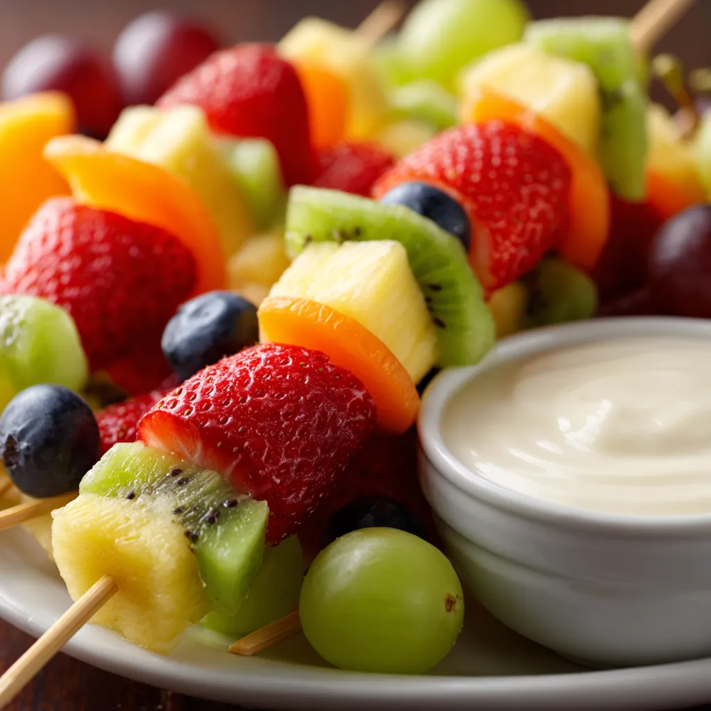 Ein Plate mit frischen Früchten wie Melonen, Strawberries, Kiwi und Grapes, die mit Yogurt-Dip serviert werden.