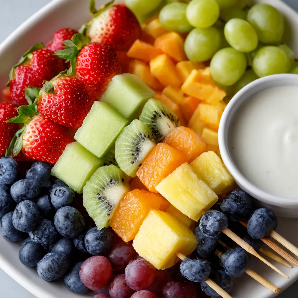 Ein weißer Teller mit verschiedenen frischen Früchten wie Strawberries, Kiwi, Grapes, Melon, Pineapple und Blueberries. Es gibt auch eine Schüssel mit Yogurt Dip.