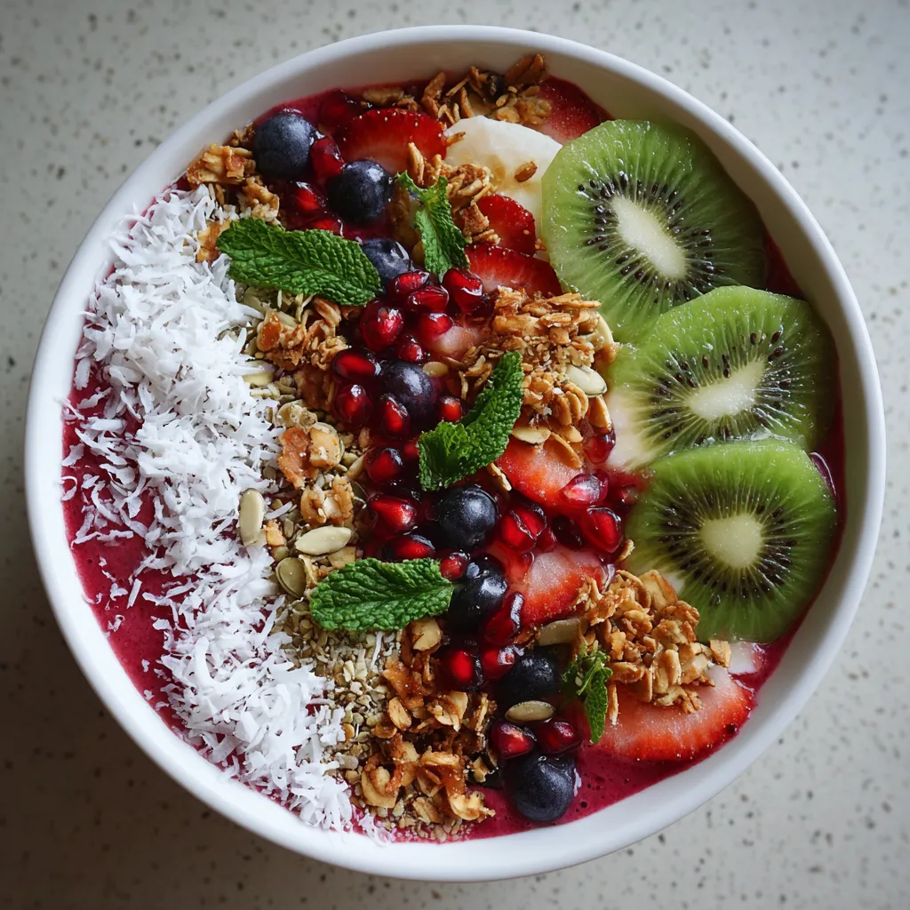 Ein Exotic Smoothie Bowl mit verschiedenen Zutaten wie Früchten, Nüssen, Granola und Obst.