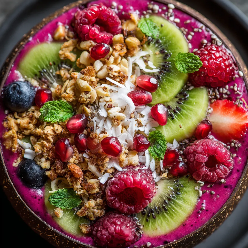 Ein Exotic Smoothie Bowl mit verschiedenen Früchten und Nüssen.