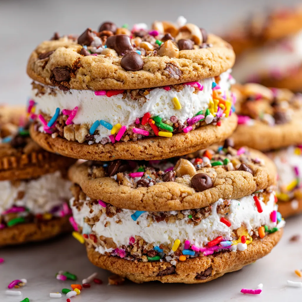 Eine Schicht aus Eiscreme und Sandwiches aus Eiscreme.