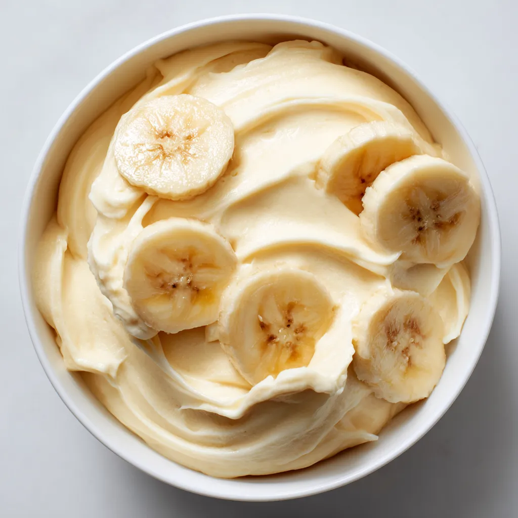 Ein weißer Becher mit Bananen-Nice-Cream.