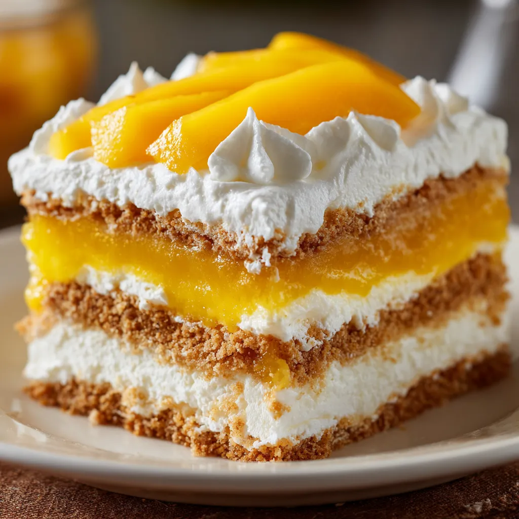Ein Stück Mango Float mit weißem Schaumkratz auf einem weißen Teller.