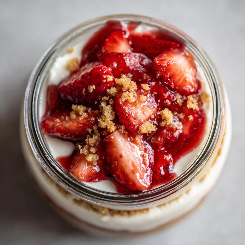Ein Glas mit einer cremigen Masse, die mit Strawberries und Zucker vermischt ist.
