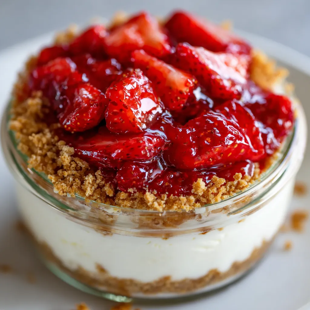 Ein Glas mit einer Strawberry-Cheesecake-Torte, die mit Strawberries und einer Cruste ausgeteilt ist.