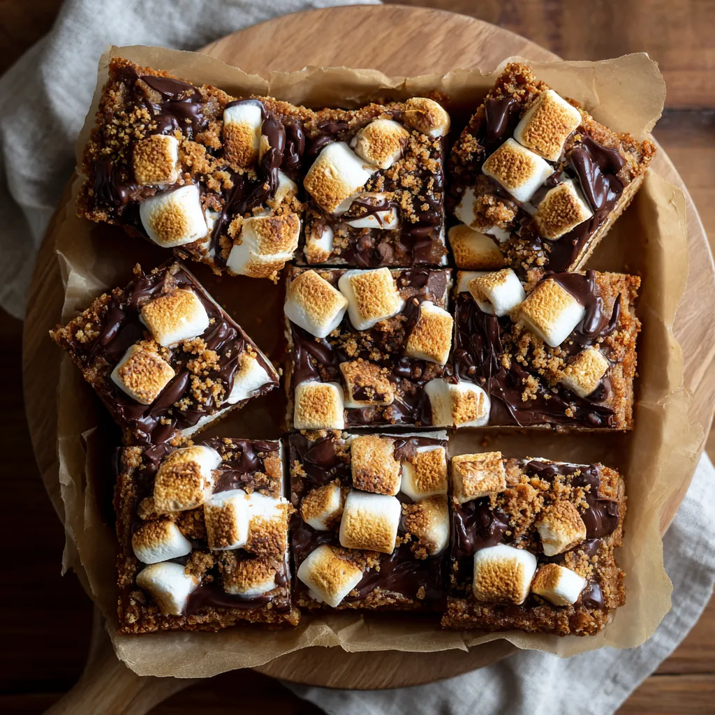 Ein Plate mit S'mores Bars, die aus Marshmallows, Schokolade und Nüssen bestehen.