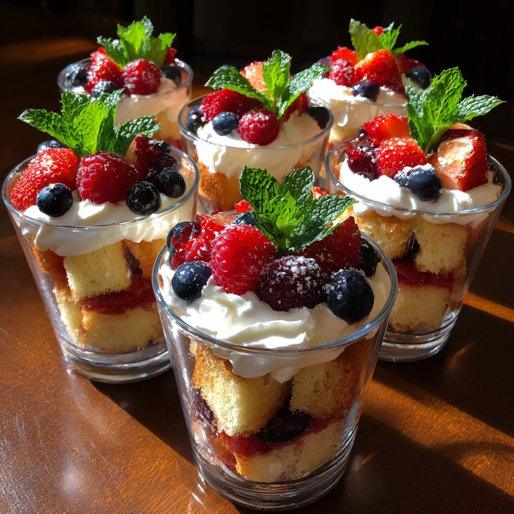 Berry Trifle Cups mit Strawberries, Blueberries, Mint und Cream.