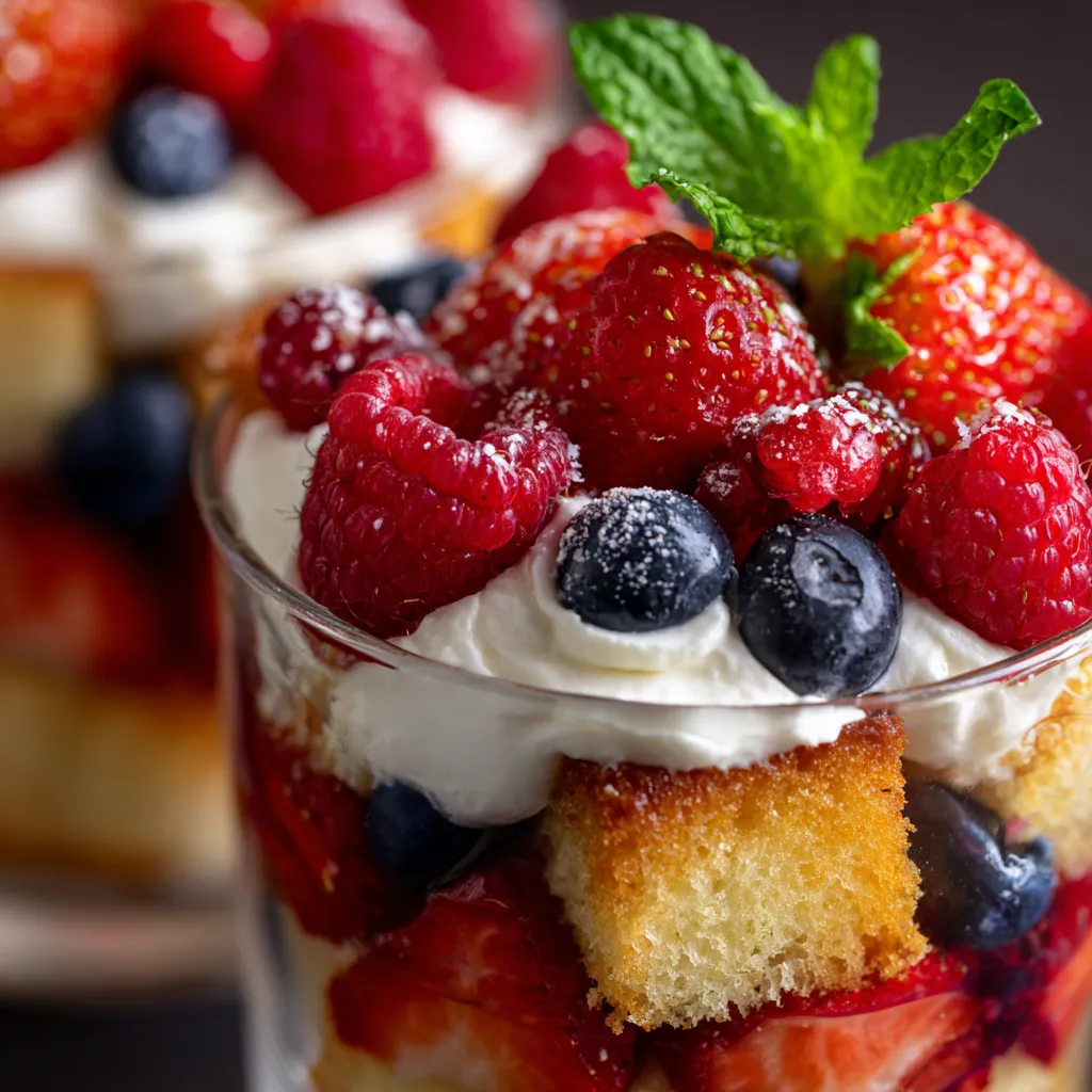 Ein Glas mit Berry Trifle Cups, die aus Strawberries, Blueberries und Cream bestehen.