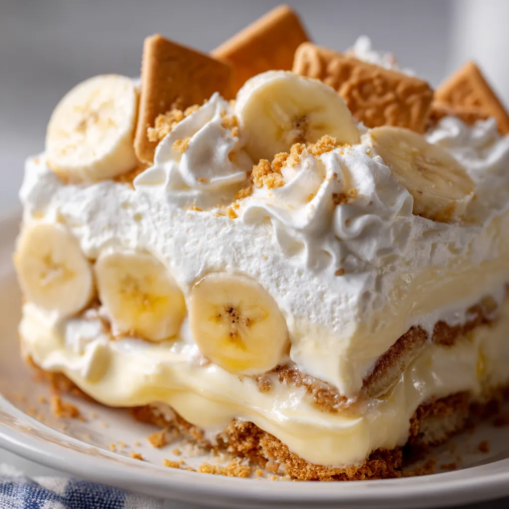 Eine Banana Pudding mit Bananen, Vanilleeis und Schokoladenschnee auf einem Plate.