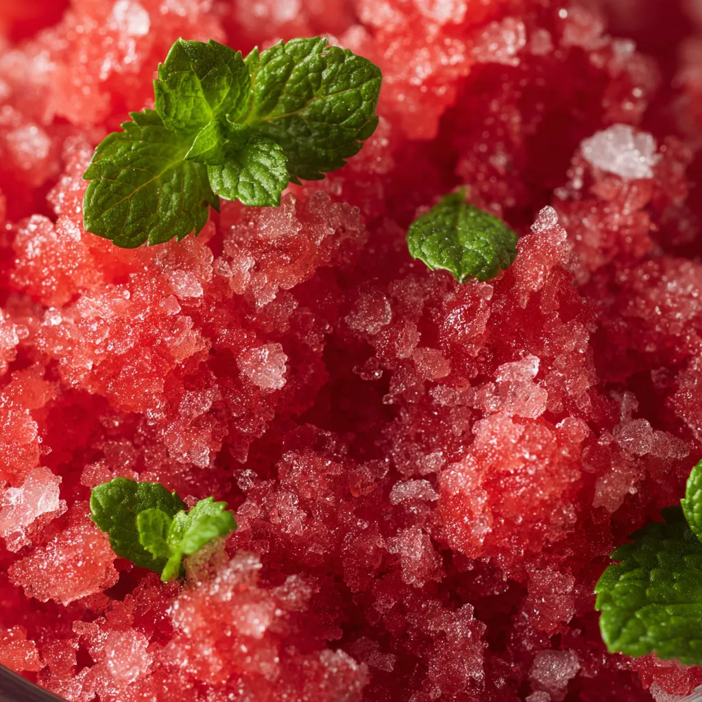 Ein Glas mit rotem Granita, der mit Mintblättern garniert ist.