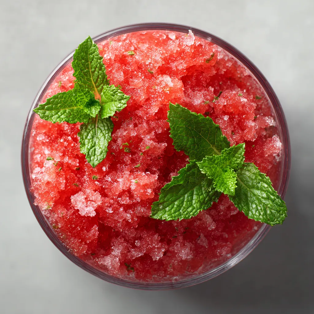 Ein Glas mit Mint-Watermelon-Granita, das mit Mintblättern garniert ist.