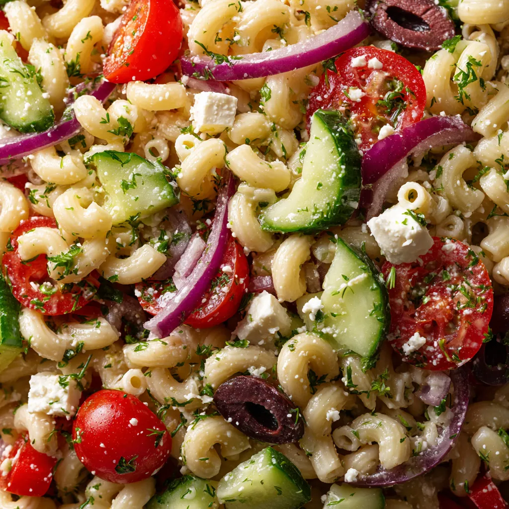 Eine Mischung aus Pasta, Tomaten, Zucchini, Basilikum und Oliven.