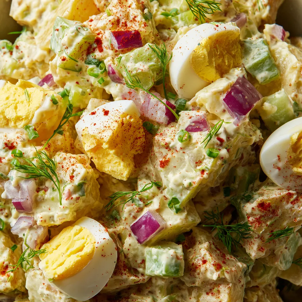 Ein Bild von einer Salatgarnitur, die aus Kartoffeln, Eiern, Zwiebeln und anderen Zutaten besteht.