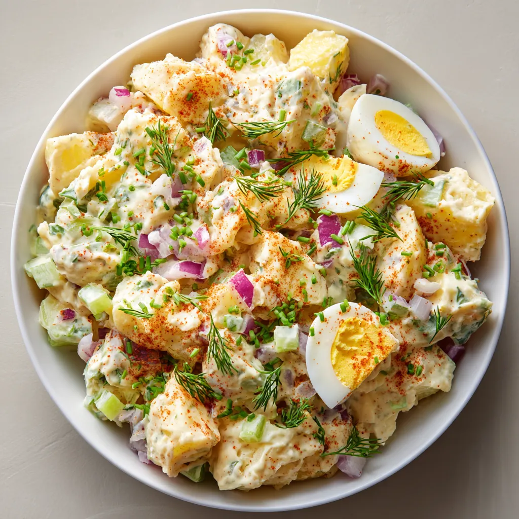 Ein weißer Teller mit einer Mischung aus Kartoffeln, Eiern, Zwiebeln und Gewürzen, die als "Classic American Potato Salad" bezeichnet wird.