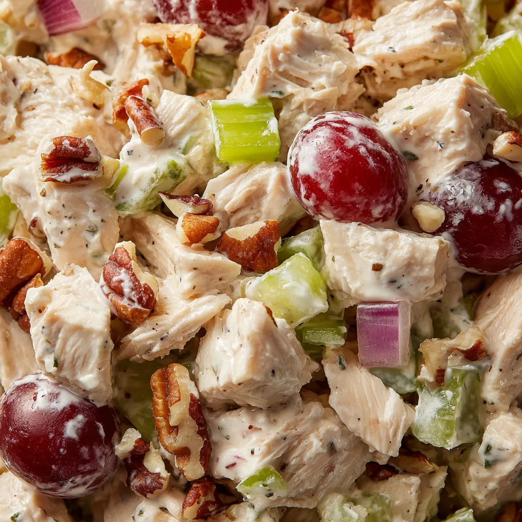 Eine Schüssel mit Chicken Salat, der mit Grapes und Walnüssen garniert ist.