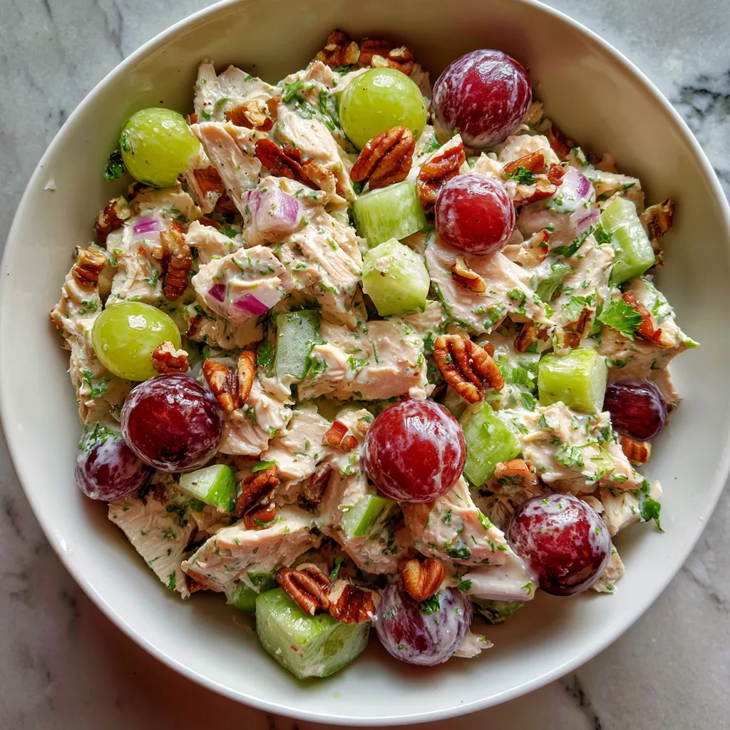 Ein weißer Teller mit einer Mischung aus Hühnchen, Gurken, Walnüssen und Grapes.