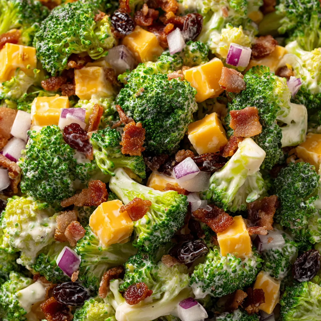Ein Bild von einer Amish Broccoli Salat, die mit Bacon, Käse und Zwiebeln zubereitet wurde.