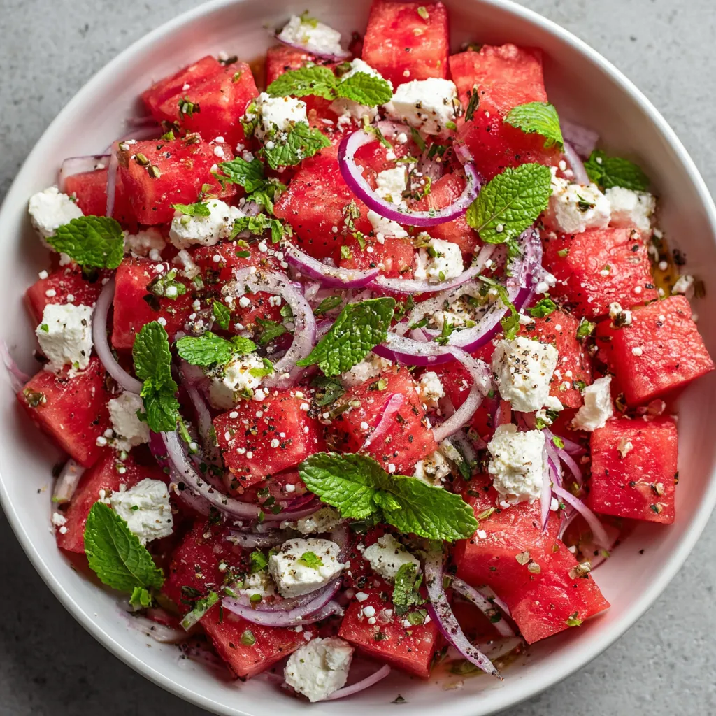 Ein weißer Becher mit einer Mischung aus Watermelon, Feta und Mint.