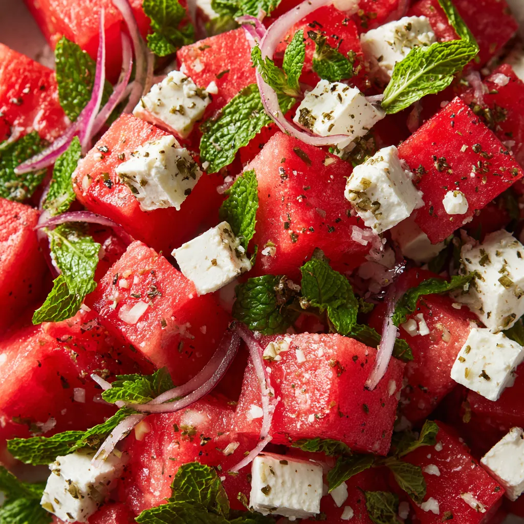 Eine salzige und saure Kombination aus Watermelon, Feta und Mint.