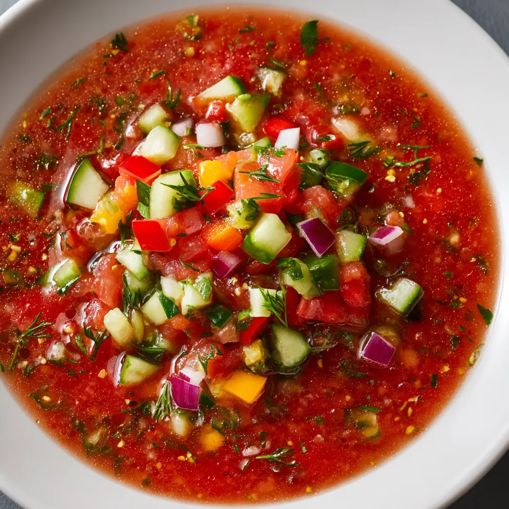 Ein Glas mit einer Mischung aus Gemüse, Tomaten und Zwiebeln, die als Gazpacho bezeichnet wird.