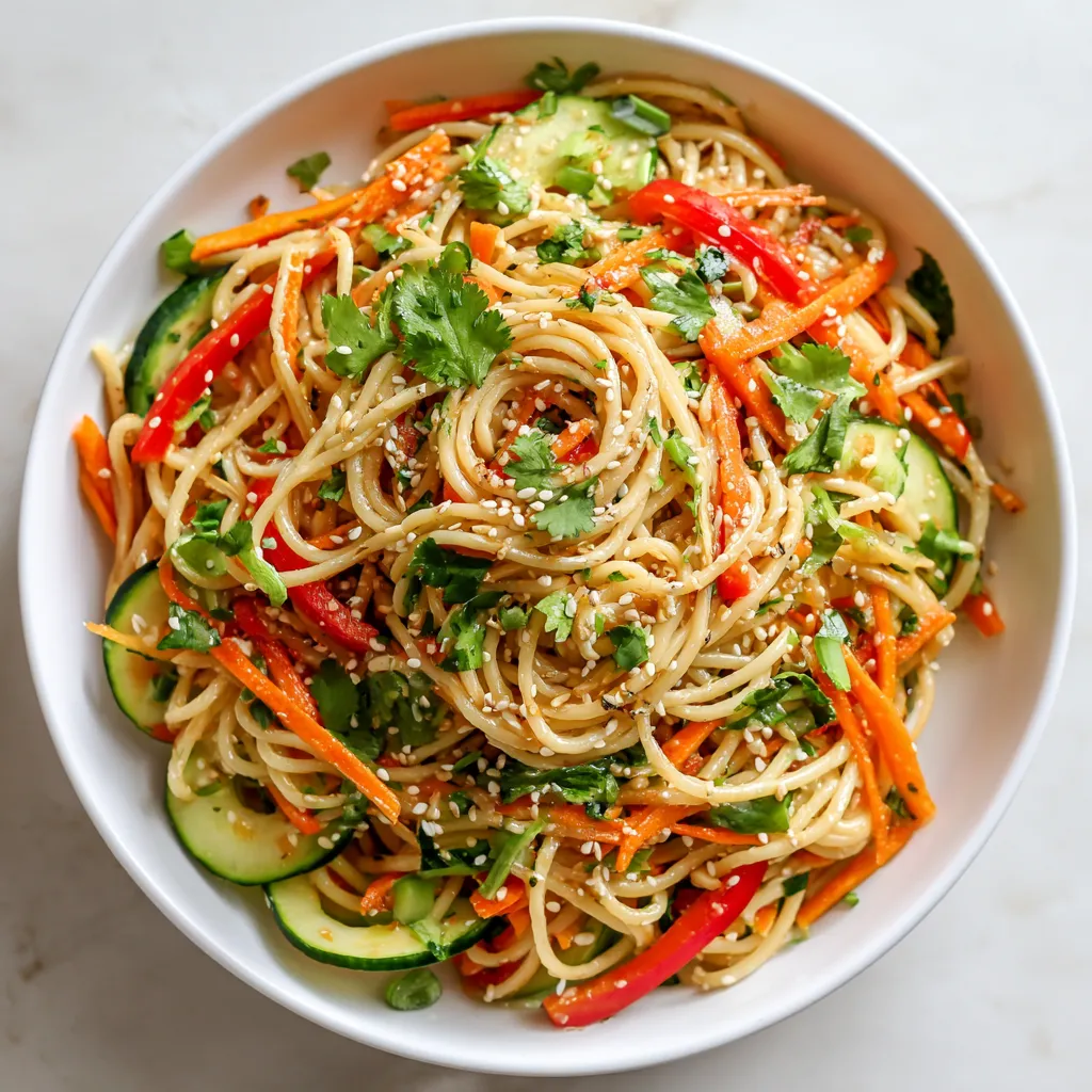 Ein weißer Teller mit einer Mischung aus Zwiebeln, Karotten, Tomaten, Zucchini und Sesamnoodeln.