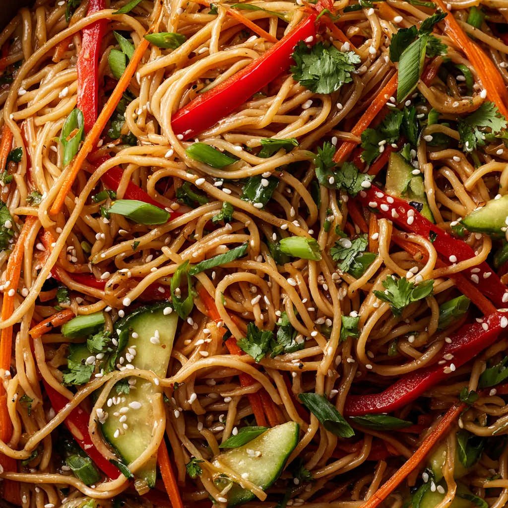 Cold Sesame Noodle Salad mit Zwiebeln, Karotten, Ingwer und Zucchini.
