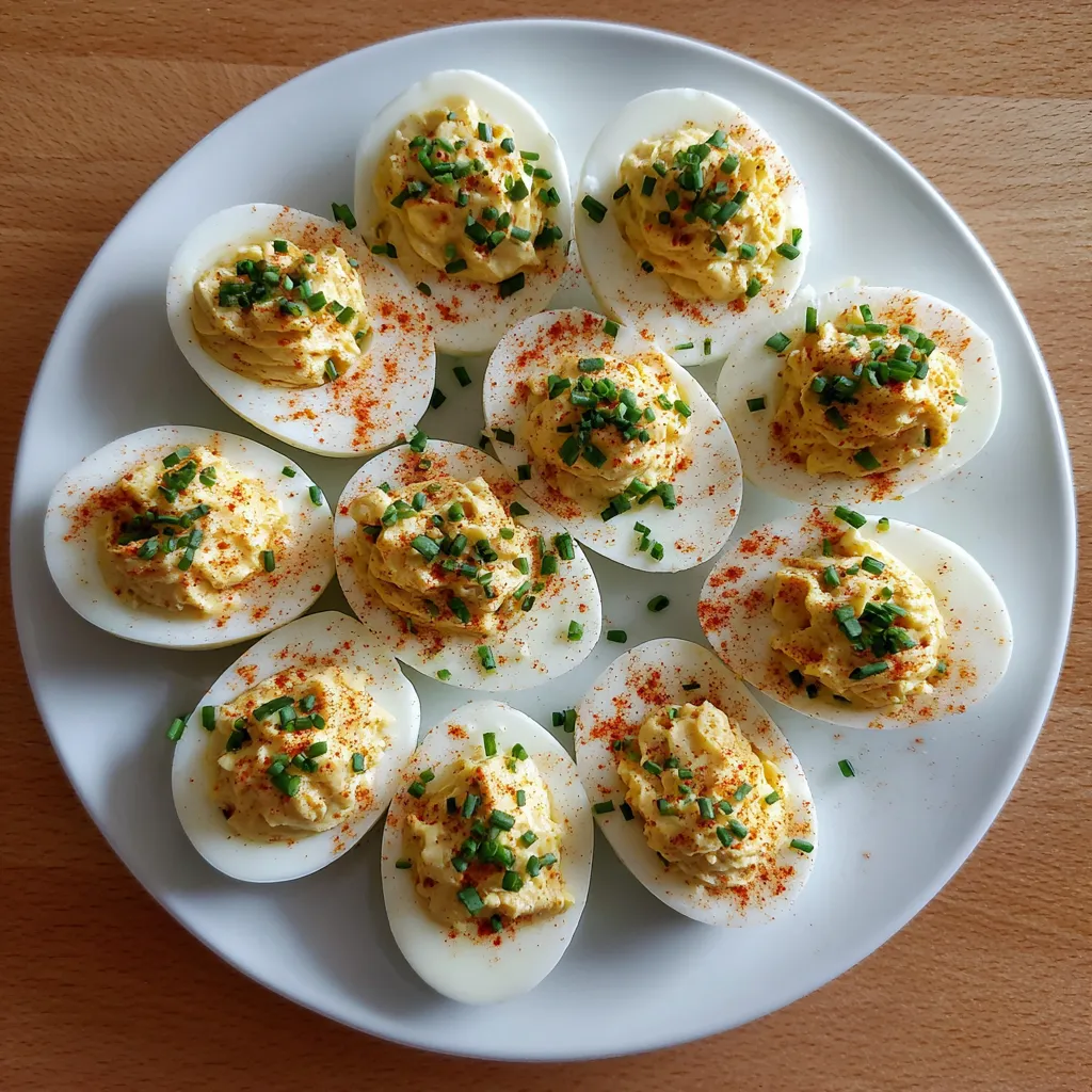 Ein weißer Teller mit sechs Deviled Eggs darauf.