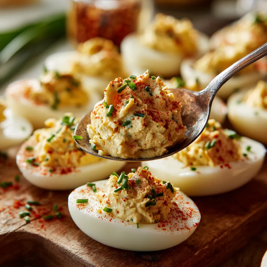 Eine Schüssel mit Deviled Eggs, die mit einer Gabel gestochen werden.
