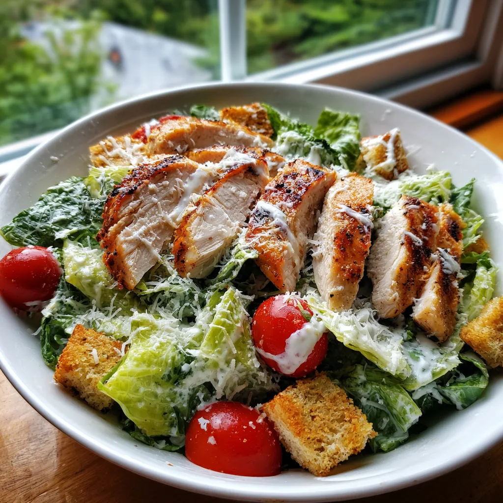 Ein weißer Teller mit einer Grilled Chicken Caesar Salat, die mit Tomaten, Zwiebeln, Salat, Parmesan und Mayonnaise zubereitet wurde.
