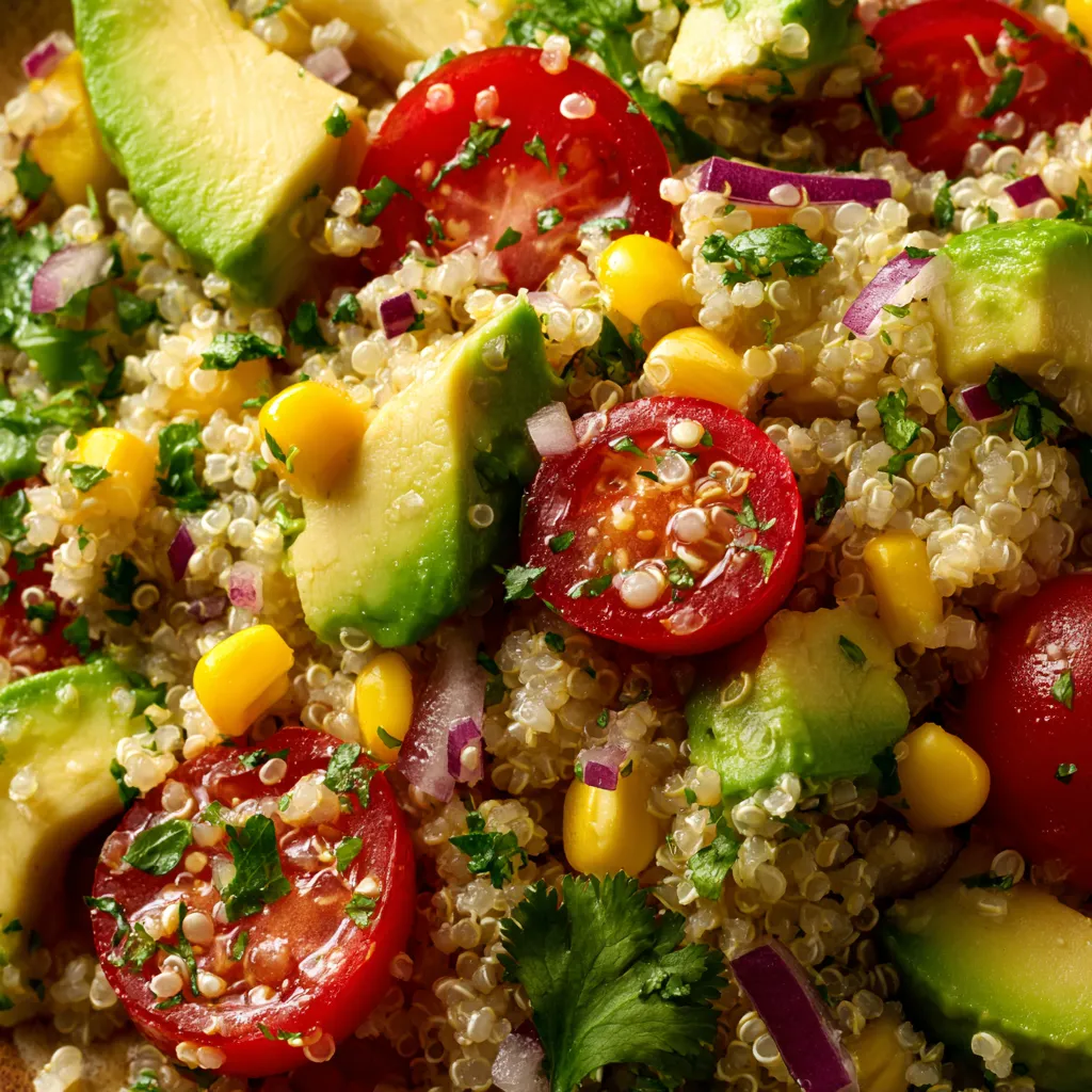 Ein Salat aus Quinoa, Tomaten, Avocado und Zwiebeln.