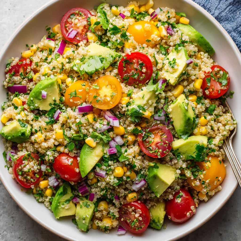 Ein weißer Teller mit einer Mischung aus Avocado, Tomaten, Kohlrabi, Quinoa und Zwiebeln.