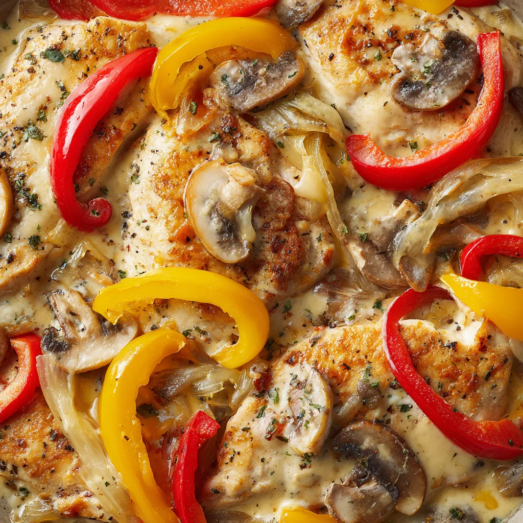 Eine creamy onion chicken bake mit bell peppers.