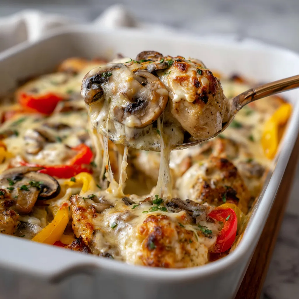 Ein weißer Teller mit einer cremigen Onion Chicken Bake, die mit Bell Peppers zubereitet wurde.