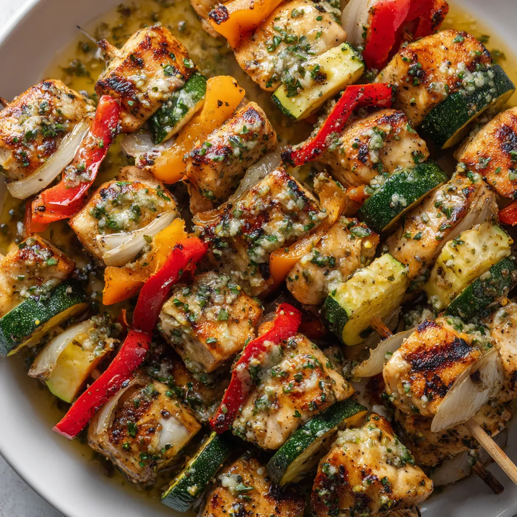 Eine Platte mit Grilled Chicken Skewers, die mit einer Cowboy Butter Marinade zubereitet wurden.
