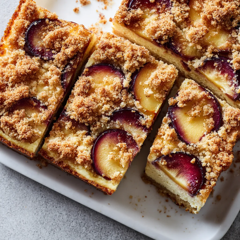 Ein Plum Streusel Cake mit Quark auf einem weißen Plate.