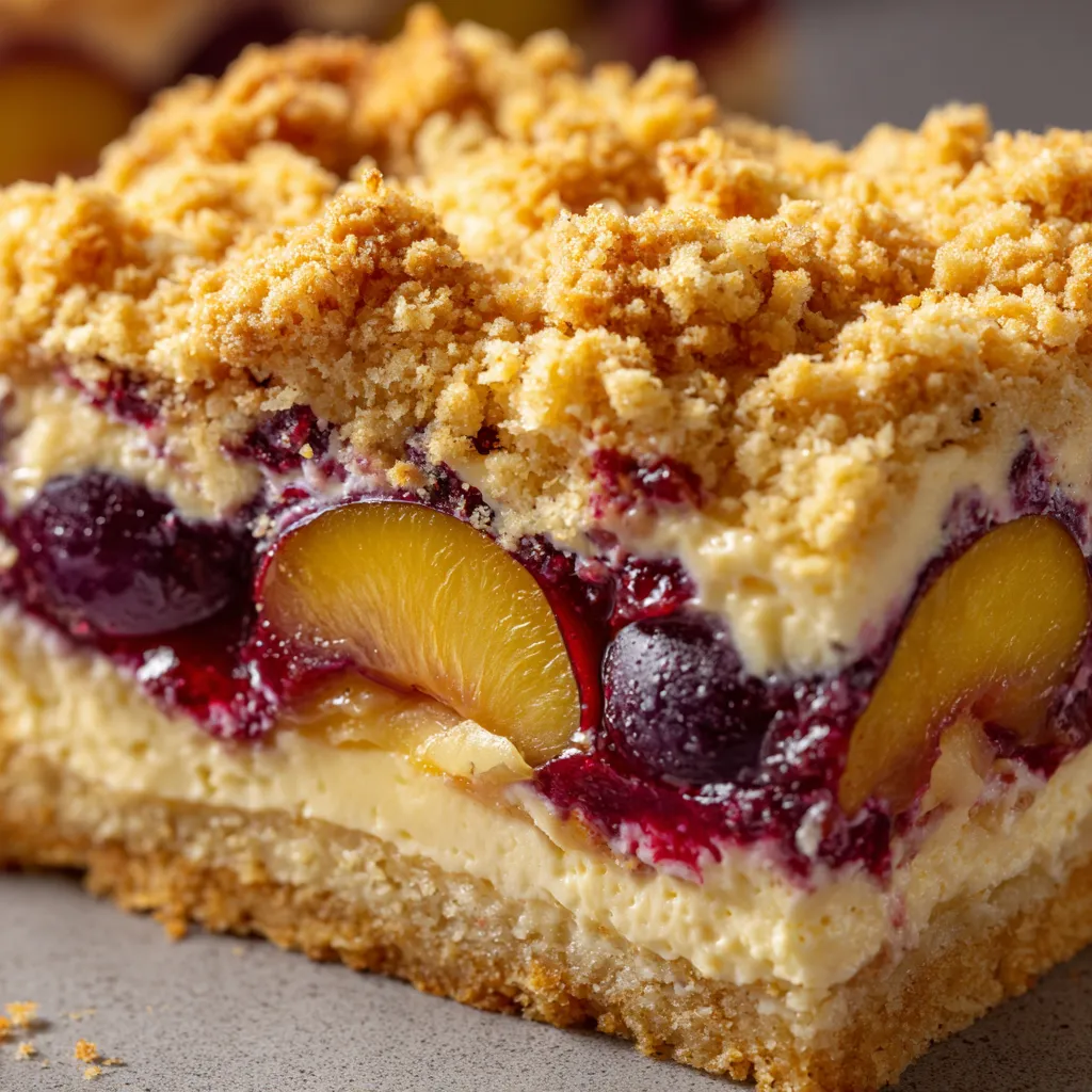 Ein Plum Streusel Cake mit Quark (German Cheesecake Style) auf einer Platte.