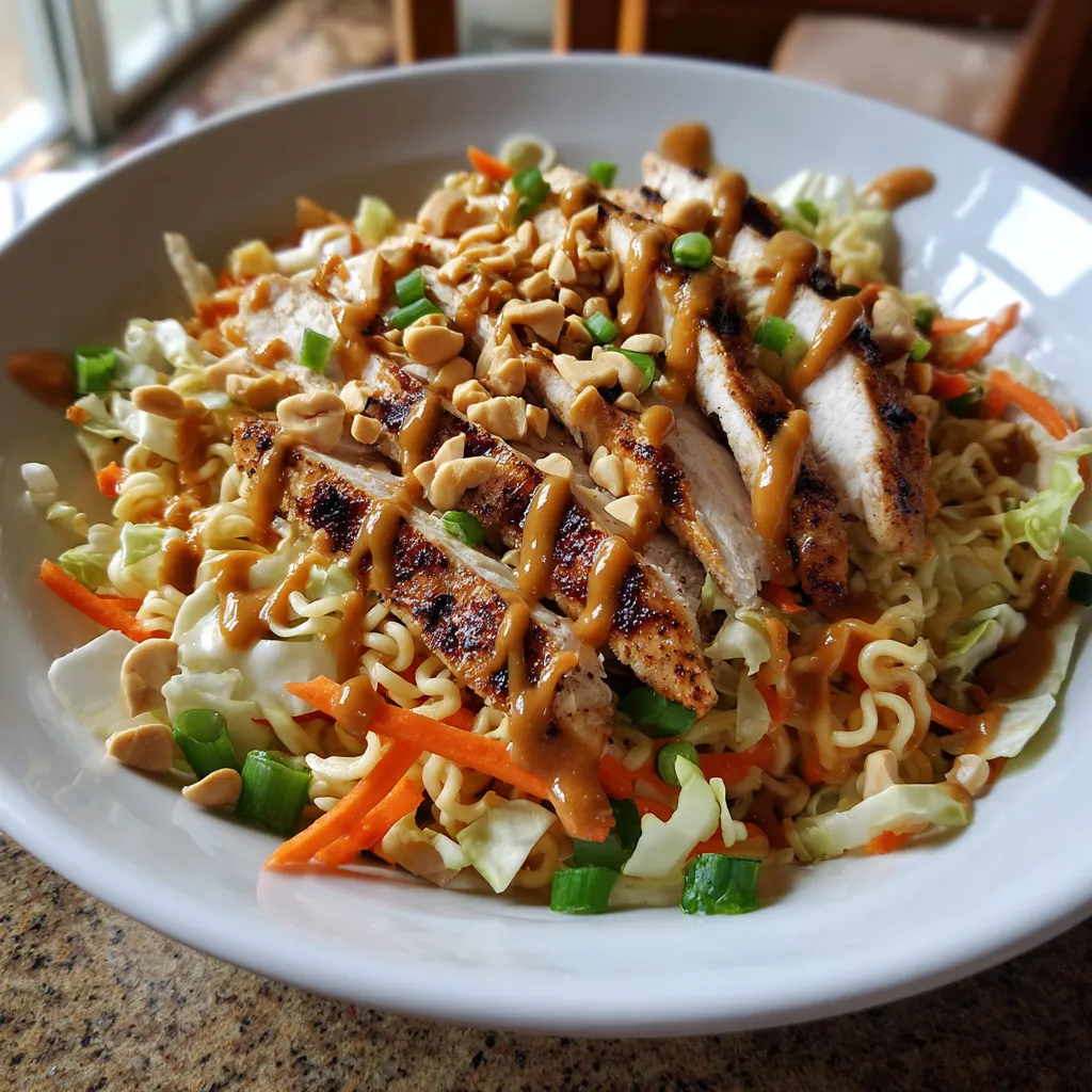 Ein großes, weißes Plateau mit einer Yum Yum Noodle Salat, die mit grillierten Chicken und einer Peanut Dressing zubereitet wurde.