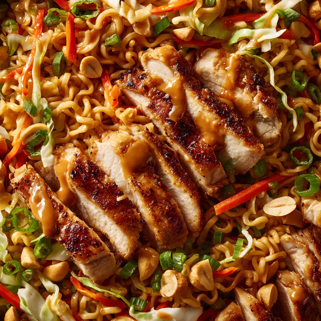 Ein Bild von einer Yum Yum Noodle Salat mit gebratenem Hühnchen und einer Pistazien-Dressing.