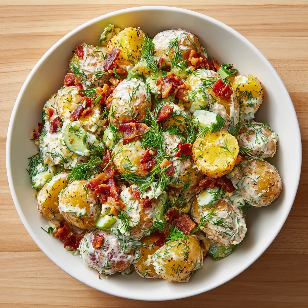 Ein weißer Teller mit einer Crunchy Potato Salad, die mit Crispy Bacon und frischen Kräutern garniert ist.