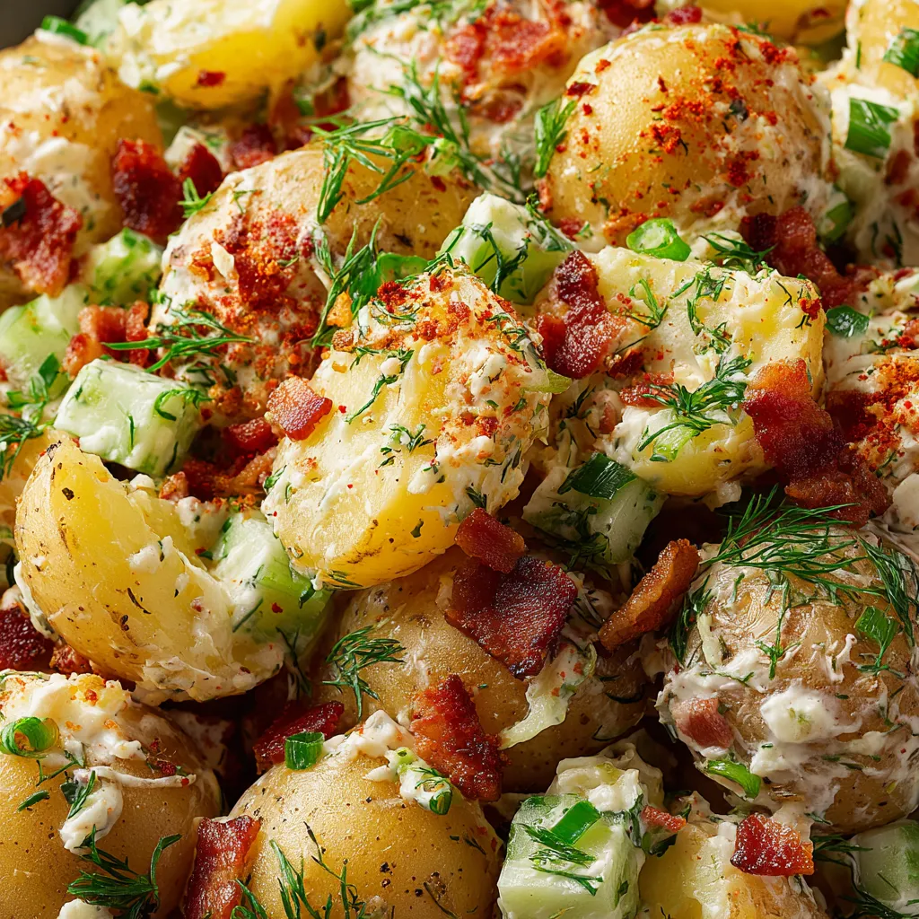 Ein Crunchy Potato Salad mit frischem Bacon und Kräutern.