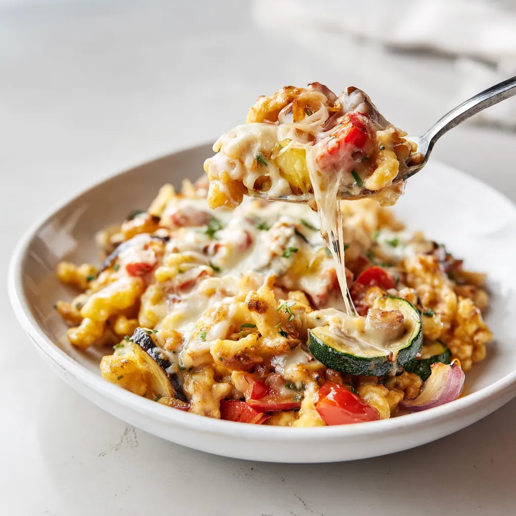 Ein weißer Teller mit Käsespätzle aux Légumes Rôtis de Saison.