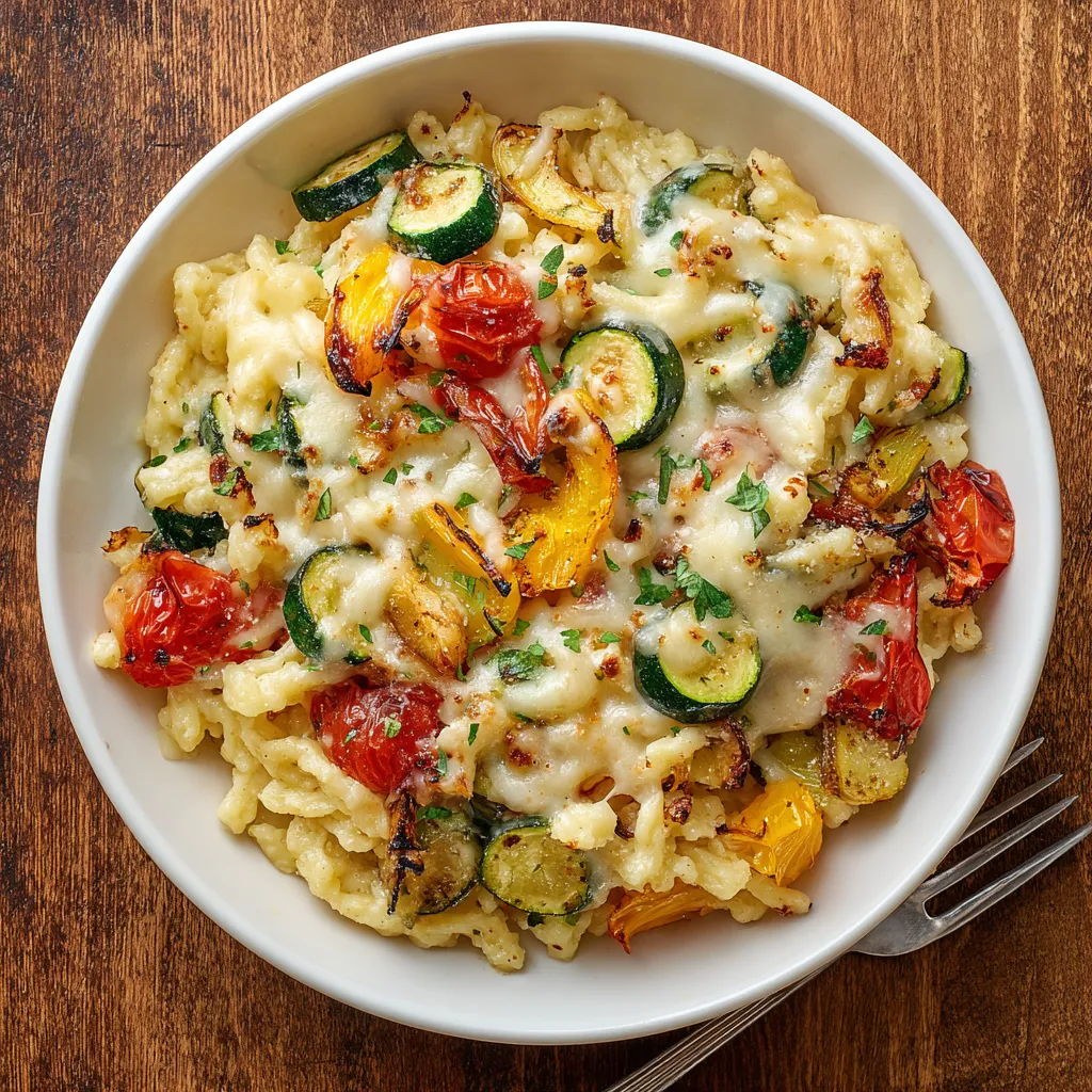 Ein weißer Teller mit Käsespätzle aux Légumes Rôtis de Saison.