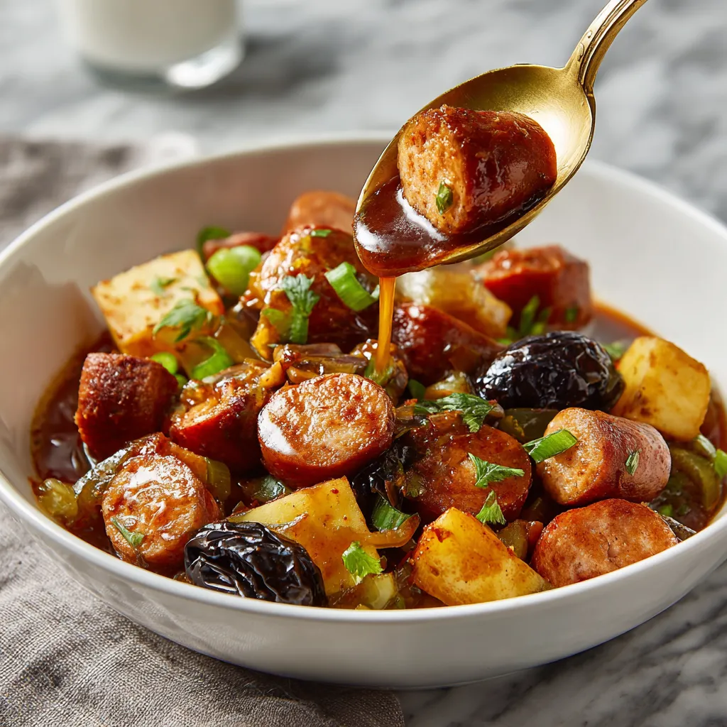 Ein weißer Teller mit einer Mischung aus Currywurst, Prunes und Zwiebeln.