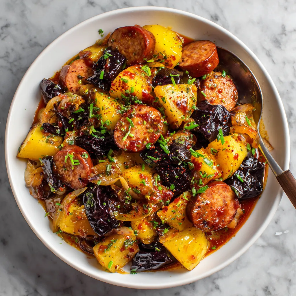 Ein weißer Teller mit einer Mischung aus Currywurst, Prunes und Zwiebeln.